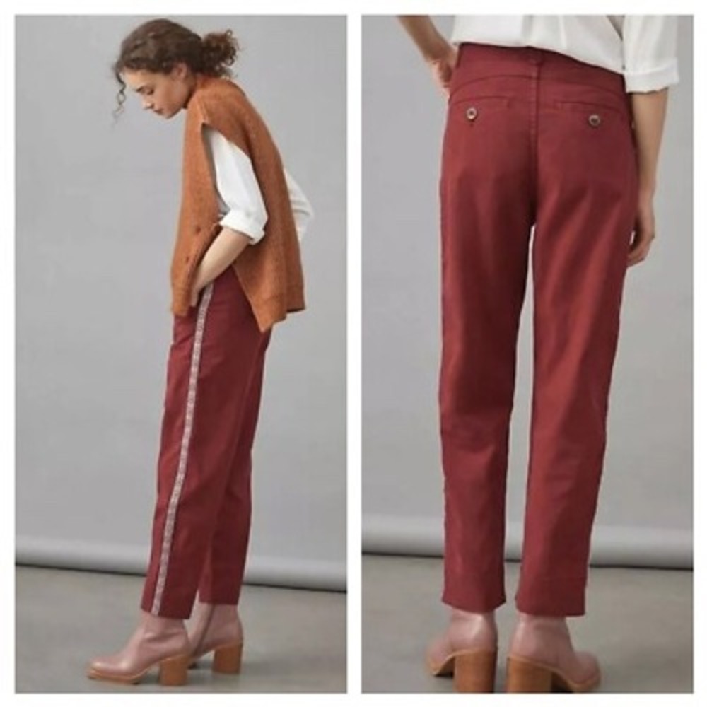 Anthropologie NWT Women's Boho Red Cropped Pants with Embroidered Trim- Size 4
